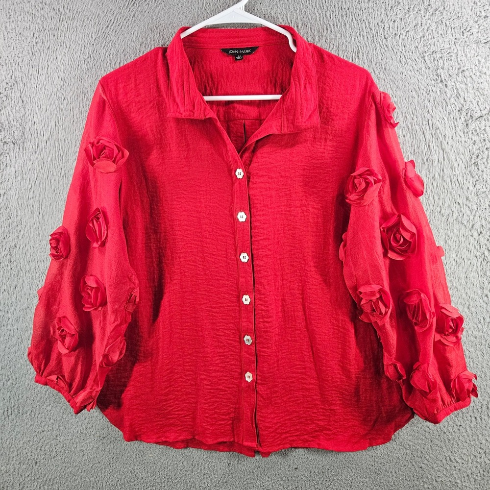 John Mark Red 3D Floral Rosette Sleeve Button Down Blouse Womens Medium Romantic